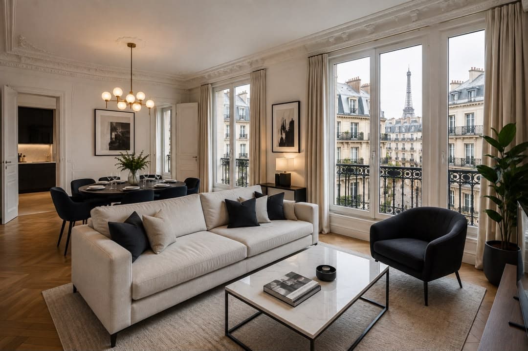 Parisian apartment living room with a view of the Eiffel Tower