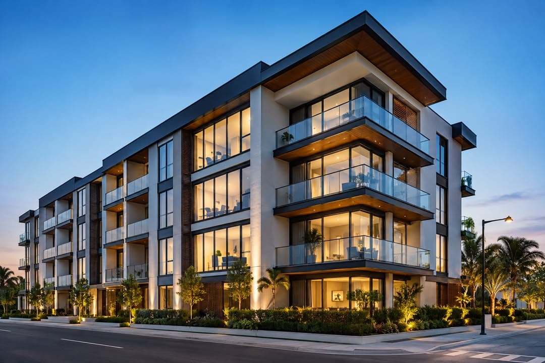Modern apartment building exterior with lit balconies at dusk