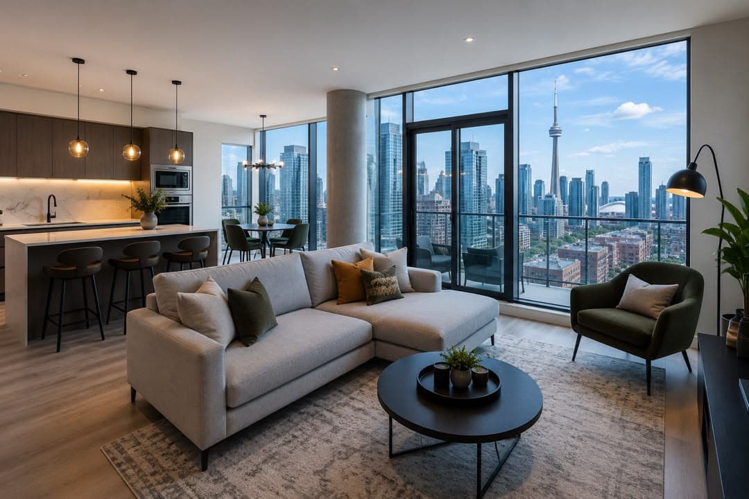 Living room with a view of the CN Tower and Toronto skyline