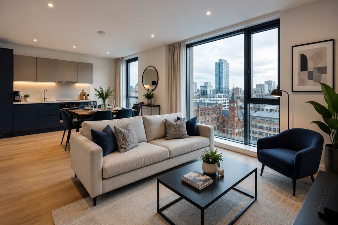 Living room with a view of the Manchester city skyline