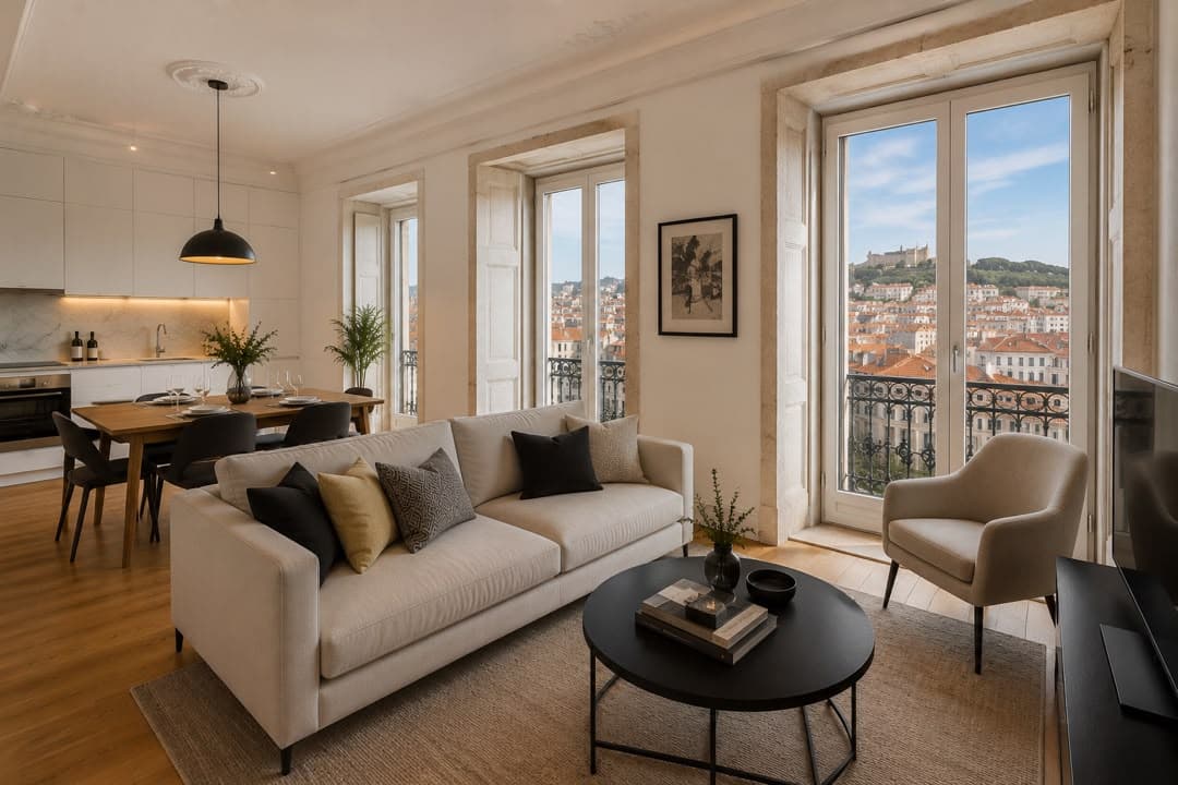 Living room with French doors overlooking Lisbon's terracotta rooftops