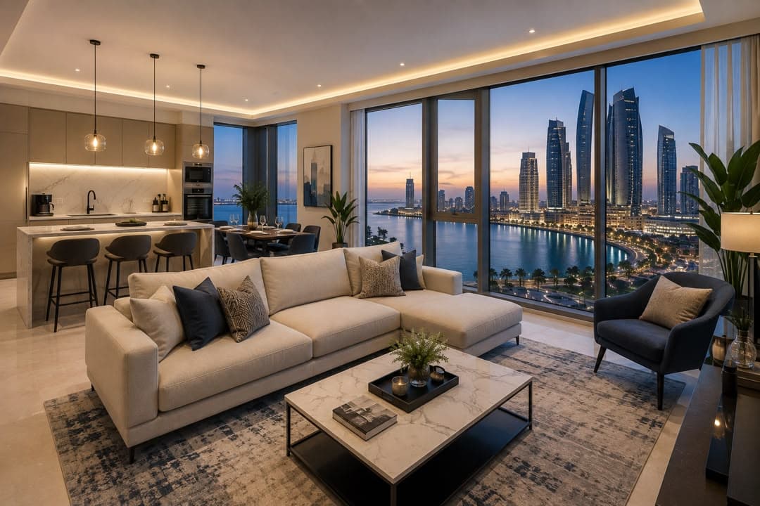 Living room with a view of the Abu Dhabi waterfront skyline