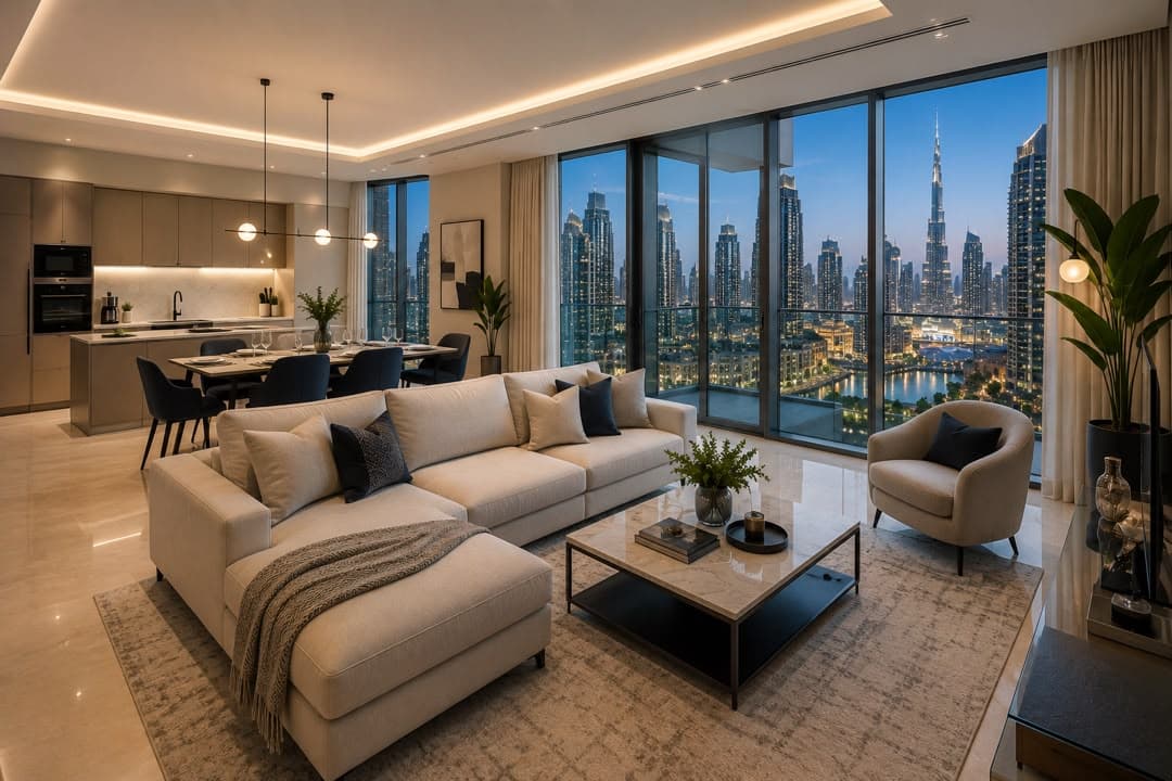 Living room with a view of the Burj Khalifa and Dubai skyline
