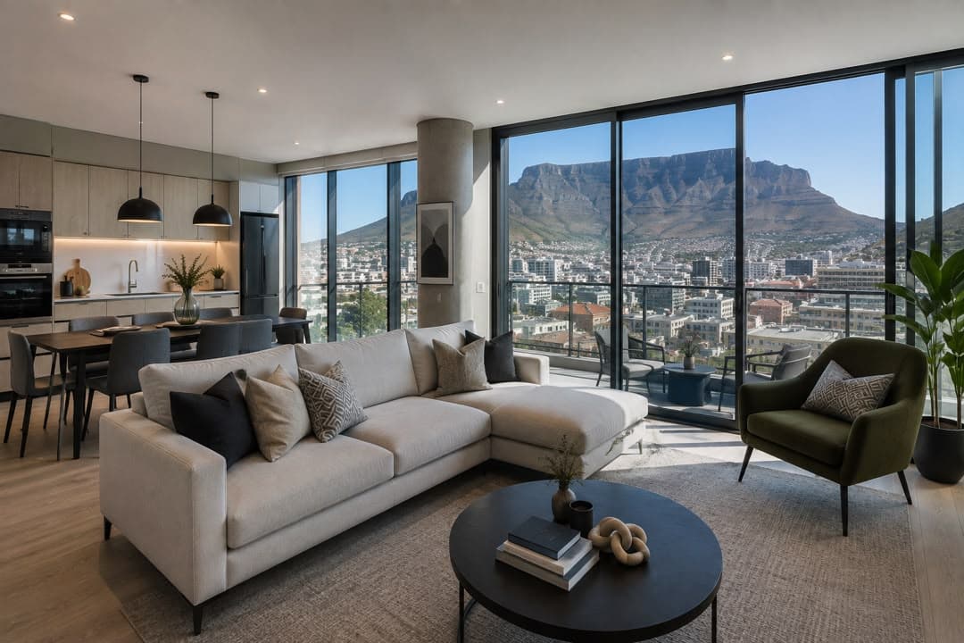 Living room with a view of Table Mountain and Cape Town