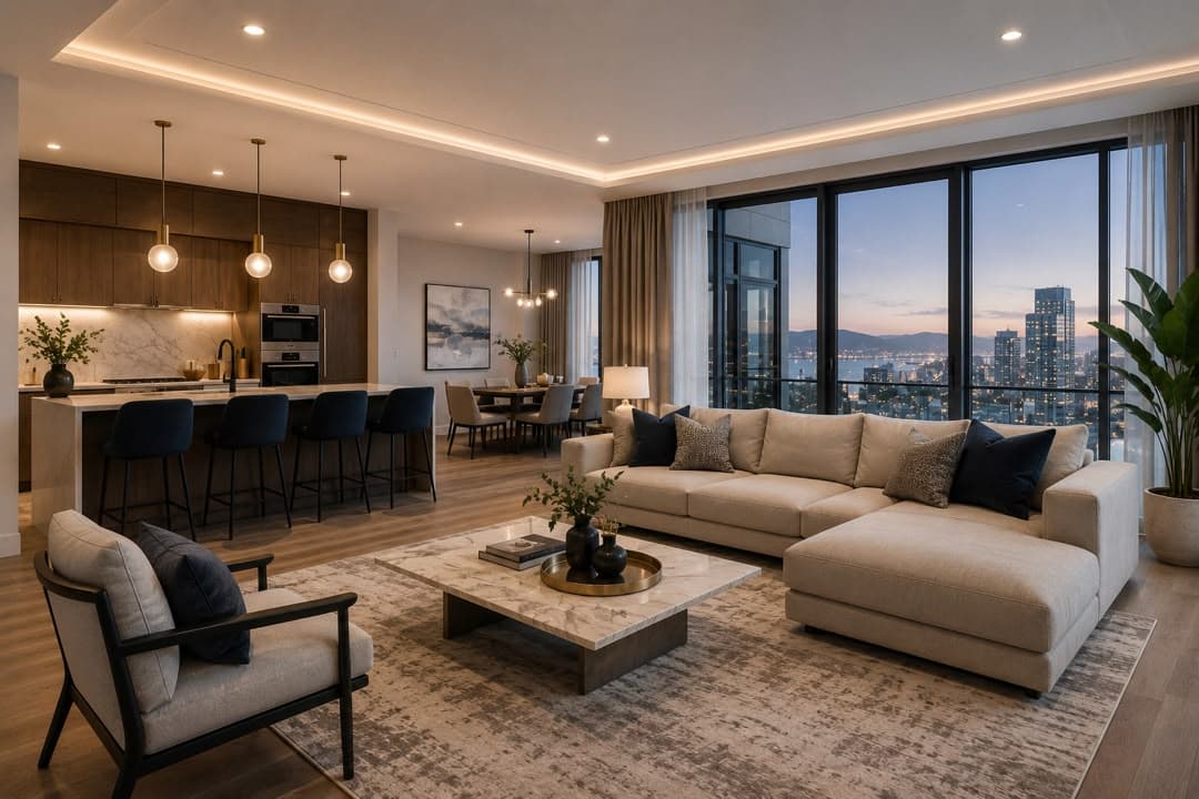 Living room with a sectional sofa overlooking a waterfront city skyline
