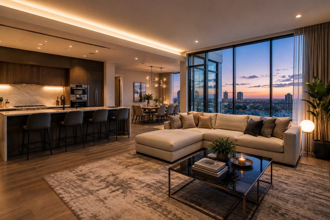 Open-concept living room and kitchen with a city skyline view at dusk